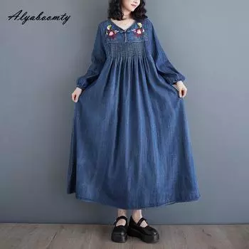 Плюс размер весна осень женское джинсовое платье миди с v-образным вырезом и цветочной вышивкой, свободное платье большого размера, с рукавами-фонариками, элегантное женское платье M синий