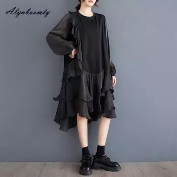 Плюс размер весна осень женское многоуровневое платье короткое О-образный вырез белое черное пэчворк стильное платье оборки элегантные женственные платья One Size чёрный