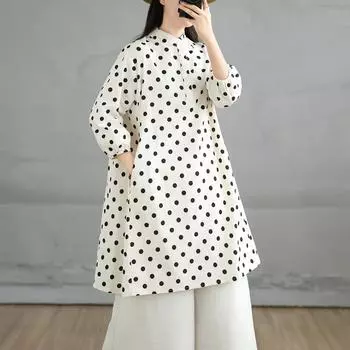 Плюс размер винтажные горошек новые платья для женщин повседневное свободное летнее платье-рубашка миди M белый