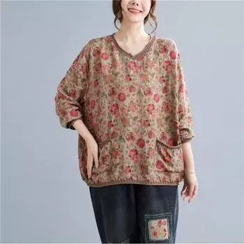 Плюс размер винтажный хлопок лен трикотажный пуловер женский длинный рукав весенний свободный пэчворк топы с карманом One Size