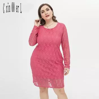 Плюс размер Xl-4xl розово-красное офисное женское платье облегающее женское платье с длинными рукавами, летние кружевные платья с цветочным принтом XL розовый