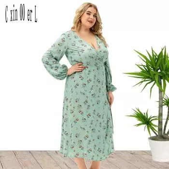 Плюс размер Xl-5xl Новая мода весна осень женское платье с длинными рукавами и цветочным разрезом зеленые платья XL зелёный