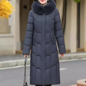 Плюс размер XL-6XL Женщина среднего возраста Длинное пальто Зимняя верхняя одежда с капюшоном Элегантные свободные толстые теплые женские куртки Зимние парки XL чёрный