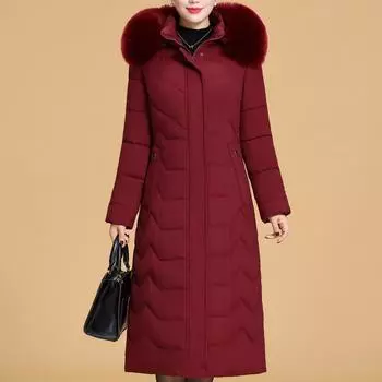 Плюс размер XL-6XL Женское длинное пальто среднего возраста Зимние толстые теплые пальто с капюшоном Элегантные свободные женские куртки с воротником из искусственного меха XL красный
