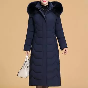 Плюс размер XL-6XL Женское длинное пальто среднего возраста Зимние толстые теплые пальто с капюшоном Элегантные свободные женские куртки с воротником из искусственного меха 2XL чёрный