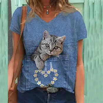 Плюс Размер XL-7XL Цветочный Принт Футболка V-образный вырез Принт Женские Футболки С Короткими Рукавами Женский Топ 6XL