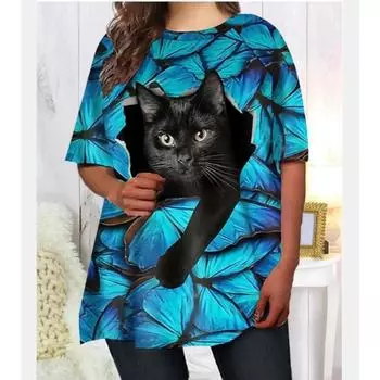 Плюс размер XL-7XL модные цветочные принтованные короткие рукава O-образный вырез топы женские 3d футболки XL чёрный