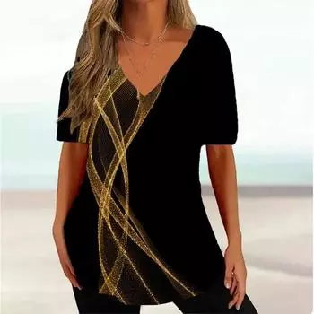 Плюс размер XL-7XL Простая женская футболка 3D Wave Curve Tee Модная летняя футболка с V-образным вырезом и коротким рукавом Свободная уличная женская одежда Повседневная футболка для женщин 7XL