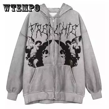 Плюс размер Y2K Толстовка с капюшоном на молнии Толстовка с принтом ангела Свободные карманы с длинным рукавом Уличная одежда Хип-хоп Мужчины Женщины Пальто Пуловер Толстовка M серый