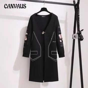 Плюс Размер Женщин Длинный Осень Новый Стиль Темперамент Рабочее Место Тонкое Пальто XL чёрный