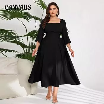 Плюс Размер Женщин Элегантный Осенний Стиль Квадратный Воротник Продвинутый Чувство Уменьшения Возраста Дизайн Чувство Средней Длины Платье 1XL чёрный