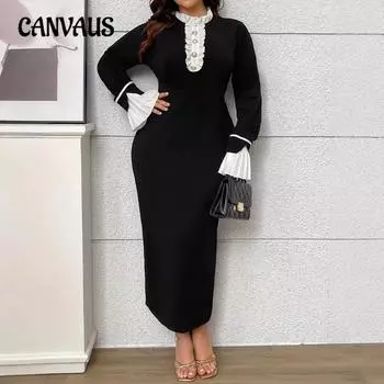 Плюс Размер Женщин Элегантный Темперамент Разделение Цвет Контрастный Деревянный Ушко Край Расклешенный Рукав Длинные Рукава Платье 0XL чёрный