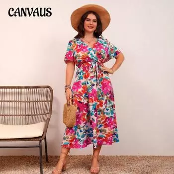 Плюс Размер Женщин Элегантный Темперамент V-образный вырез Талия Утягивающее Кружевное Цветочное Платье 0XL