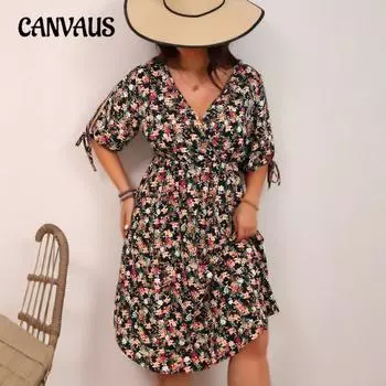 Плюс Размер Женщин Элегантный Темперамент V-образный вырез Талия Лоскутное Цветочное Платье 0XL
