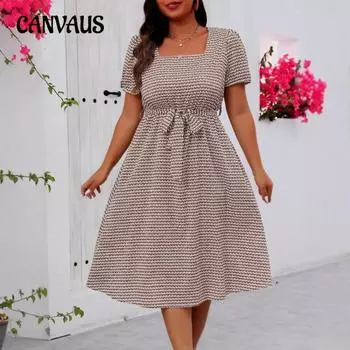 Плюс Размер Женщин Элегантный Темпераментный Квадратный Воротник Галстук Маленькое Клетчатое Платье Свободного Покроя 0XL хаки