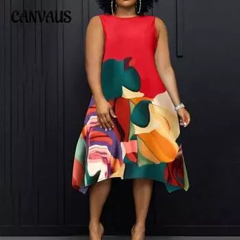 Плюс Размер Женщин Круглый вырез Модный Повседневный Цвет Контрастный Принт Платье 1XL красный