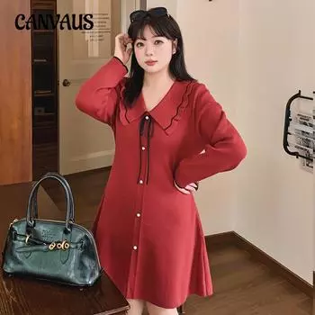 Плюс Размер Женщин Кукольный Воротник Макси Юбка Свободная Трикотаж Нежное Платье XL чёрный