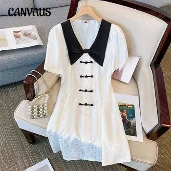 Плюс Размер Женщин Кукольный Воротник Покрытие Живота Похудение Новое Платье 3XL белый