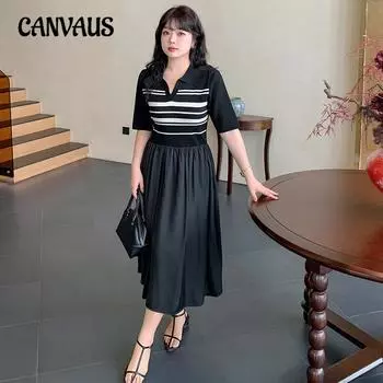 Плюс Размер Женщин Лацкан Лоскутная Трикотажная Длинная Юбка Утягивающее Полосатое Платье XL чёрный