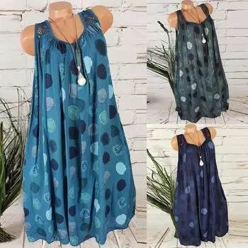 Плюс размер женщин летнее кружевное платье без рукавов сзади пляжное платье макси L синий