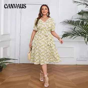 Плюс Размер Женщин Летняя Мода Новое V-образный Вырез Кружева Цветочный Принт Платье 1XL жёлтый