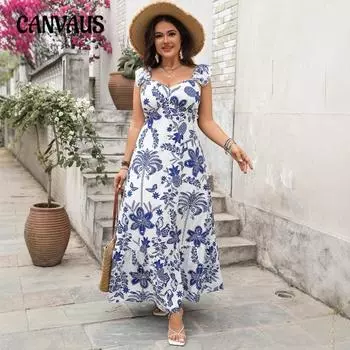 Плюс Размер Женщин Летняя Мода Новый Темперамент Печатный Талия Платье Холтер 1XL белый