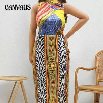 Плюс Размер Женщин Летняя Мода Новый Винтаж Принт Разрез Шнуровка Платье 0XL