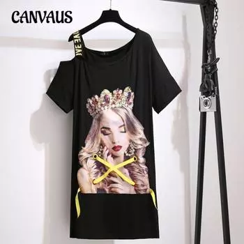 Плюс Размер Женщин Летняя Мода Тренд Средней Длины Платье XL чёрный