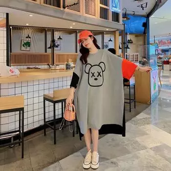 Плюс Размер Женщин Лето Мультфильм Лоскутное Платье Большие Длинные Футболки Свободные Футболки Миди Платья L