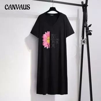 Плюс Размер Женщин Лето Новая Мода Короткие Рукава Средней Длины Платье XL чёрный