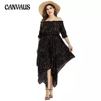 Плюс Размер Женщин Лето Новое Модное Повседневное Платье Одной Линии Вырез Открытые Плечи XL золотой