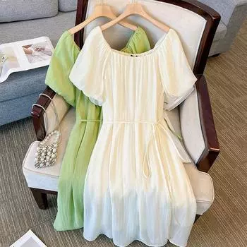 Плюс Размер Женщин Лето Новое Расширенный Талия Утягивающее Платье А-силуэта 2XL абрикосовый