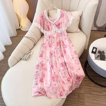Плюс Размер Женщин Лето Новое Тонкий Темперамент Милый Цветочный Средней Длины Платье 2XL розовый