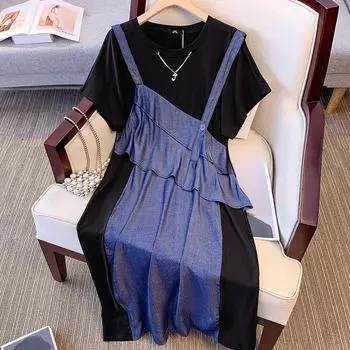 Плюс Размер Женщин Лето Новый Темперамент Поддельные Две Подтяжки Дизайн Sense Платье 2XL синий/чёрный