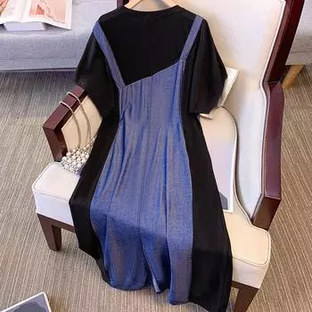 Плюс Размер Женщин Лето Новый Темперамент Поддельные Две Подтяжки Дизайн Sense Платье 2XL