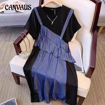 Плюс Размер Женщин Лето Новый Темперамент Поддельные Две Подтяжки Дизайн Sense Платье 2XL чёрный/синий