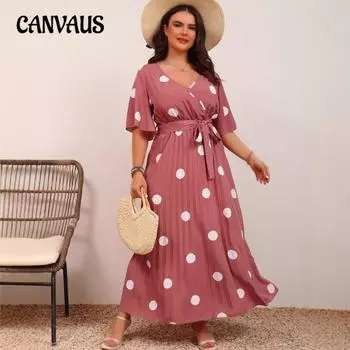 Плюс Размер Женщин Мода Крупный Горошек Принт V-образный вырез Шнуровка Плиссированное Длинное Платье 0XL арбуз красный