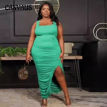 Плюс Размер Женщин Мода Сексуальное Однотонный U Образный Вырез Без Рукавов Плиссированное Раздельное Платье L чёрный