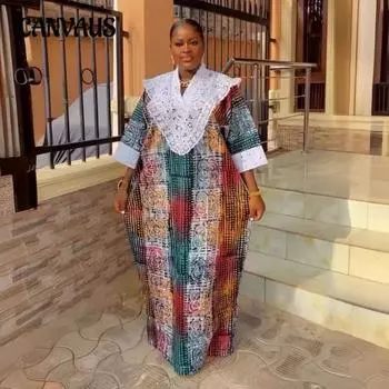 Плюс Размер Женщин Модный Принт Лоскутное Кружевное Платье L разноцветный