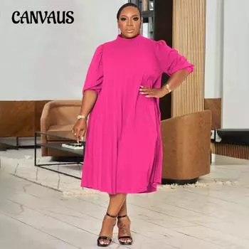 Плюс Размер Женщин Моды Однотонный Плиссированное Платье 1XL чёрный