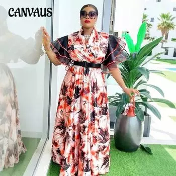 Плюс Размер Женщин Новая Мода Печати Пышные Рукава Длинная Юбка Платье L жёлтый