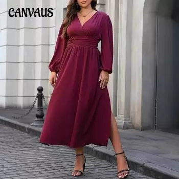 Плюс Размер Женщин Новая Осенняя Мода Фонарики Рукава Платье 0XL бордовый