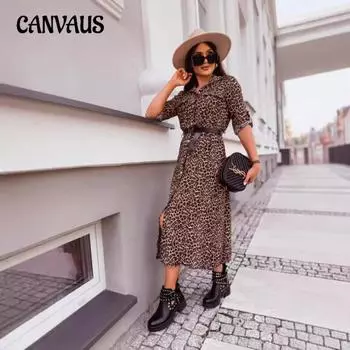 Плюс Размер Женщин Новое Леопардовый Принт Рубашка Средней Длины Платье S