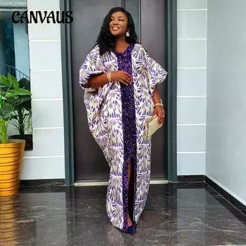 Плюс Размер Женщин Новое Модное Свободное Платье С V-образным Вырезом и Бисерным Набивным Рисунком one size шампанского