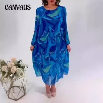 Плюс Размер Женщин Новое Осеннее Модное Свободное Платье С Длинными Рукавами и Принтом S синий