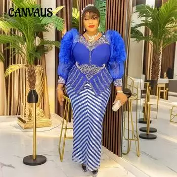 Плюс Размер Женщин Новое Популярное Платье Для Вечеринки С Бриллиантами И Бисером Платье С Высокой Талией L синий