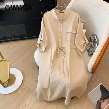 Плюс Размер Женщин Новое Простое Платье-Рубашка С Приталенной Талией 2XL чёрный