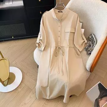 Плюс Размер Женщин Новое Простое Платье-Рубашка С Приталенной Талией 2XL чёрный