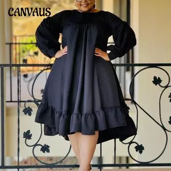 Плюс Размер Женщин Новый Фонари Рукава Сращивания Темперамент Элегантная Юбка Платье 1XL чёрный