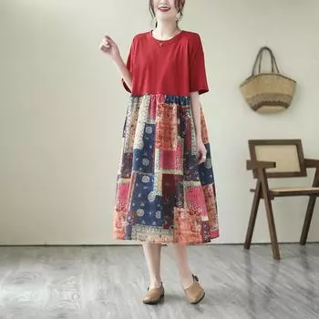 Плюс Размер Женщин Новый Хлопок Лето Длинный Базовый Оверсайз О-Образным Вырезом Повседневный Короткий Рукав Принт Платье One Size